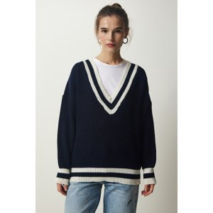 Happiness İstanbul Women's Navy Blue V Neck Ribbon Detailed Oversize Knitwear Sweater