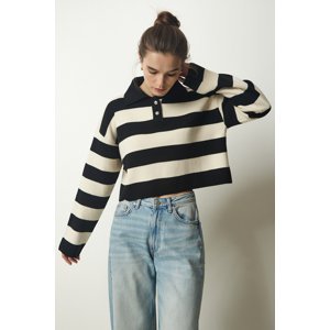 Happiness İstanbul Women's Black Cream Stylish Buttoned Collar Striped Crop Knitwear Sweater