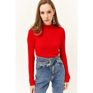 Olalook Women's Red Half Turtleneck Zigzag Textured Soft Knitwear Sweater