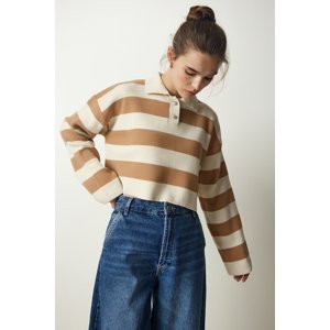 Happiness İstanbul Women's Cream Biscuit Stylish Buttoned Collar Striped Crop Knitwear Sweater