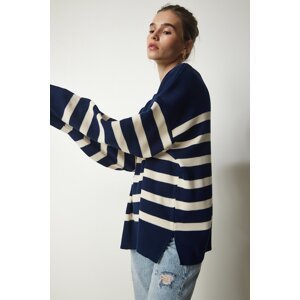 Happiness İstanbul Women's Navy Blue Bone Striped Oversize Knitwear Sweater
