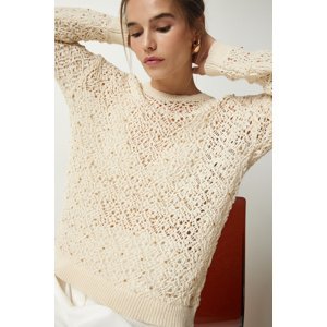 Happiness İstanbul Women's Cream Stylish Pearl Detailed Openwork Knitwear Sweater