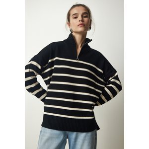 Happiness İstanbul Women's Black and White Zippered Collar Striped Knitwear Sweater