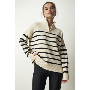 Happiness İstanbul Women's Cream Black Zippered Collar Striped Knitwear Sweater