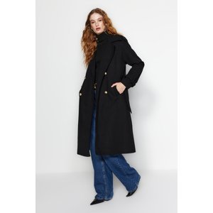 Trendyol Black Oversize Wide-Cut Belted Long Stamped Coat
