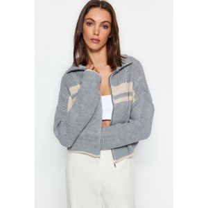Trendyol Gray Crop Color Block Stand High Collar Knitwear Cardigan