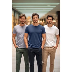 Trendyol Grey-Ecru-Indigo Men's Basic Slim Fit 100% Cotton 3 Pack Crew Neck Short Sleeve T-Shirt