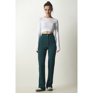 Happiness İstanbul Women's Emerald Green High Waist Lycra Casual Knitted Trousers