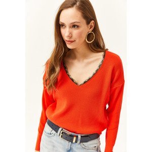 Olalook Women's Orange Lace Detail Knitwear Sweater