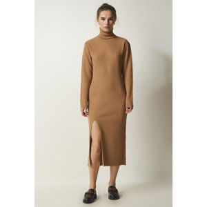 Happiness İstanbul Women's Biscuit Turtleneck Slit Knitwear Dress