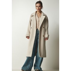 Happiness İstanbul Women's Cream Double Breasted Neck Belted Oversize Cachet Coat