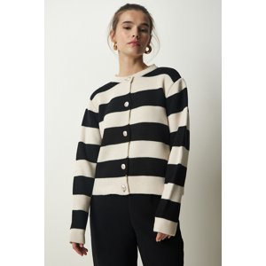 Happiness İstanbul Women's Cream Black Stylish Buttoned Striped Knitwear Cardigan