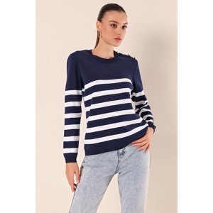 Bigdart 15820 Button Detailed Striped Sweater - Navy Blue