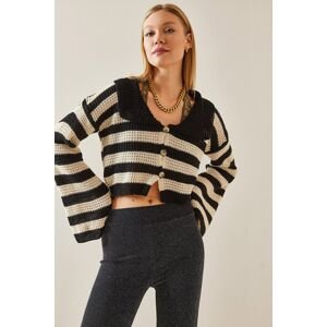 XHAN Black Polo Neck Striped Crop Sweater