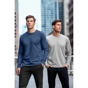 Trendyol Gray-Indigo Men's 2-Pack 100% Cotton Long Sleeve Regular Cut Basic T-Shirt