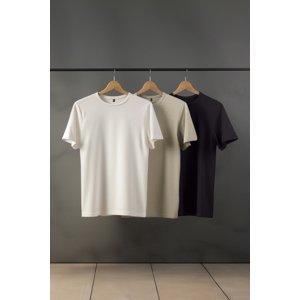 Trendyol Stone-Ecru-Anthracite Men's Basic Slim Fit 100% Cotton 3-Pack Crew Neck Short Sleeve T-Shirt