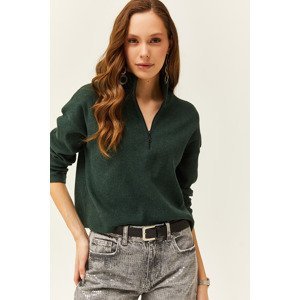 Olalook Women's Emerald Green Zipper High Neck Raised Sweater