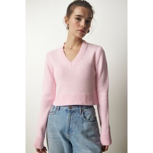 Happiness İstanbul Women's Light Pink V-Neck Crop Knitwear Sweater
