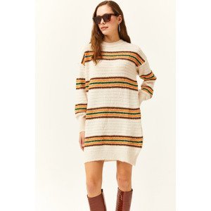 Olalook Women's Stone Color Striped Soft Textured Knitwear Tunic Dress