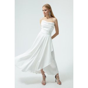 Lafaba Women's White Flounce Slit Satin Midi Length Evening Dress & Graduation Dress