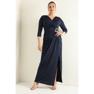 Lafaba Women's Navy Blue Double Breasted Collar Poor Sleeve Plus Size Long Evening Dress