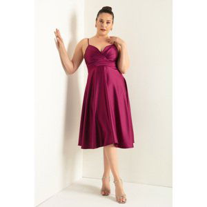 Lafaba Women's Plum Rope Strap Waist Belted Satin Midi Plus Size Evening Dress