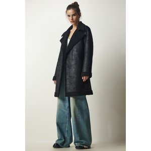 Happiness İstanbul Women's Black Double Breasted Neck Shearling Nubuck Coat