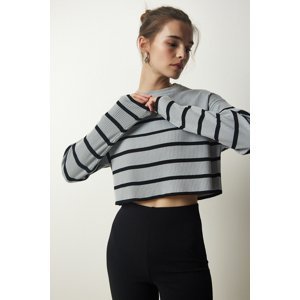 Happiness İstanbul Women's Gray Ribbed Striped Crop Knitwear Sweater