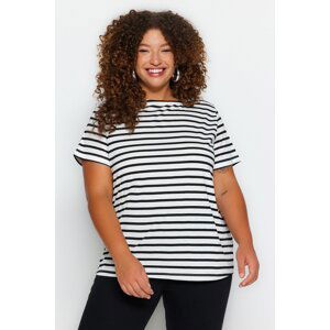 Trendyol Curve Black-White Striped Basic Knitted Boat Neck T-shirt