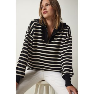 Happiness İstanbul Women's Black Striped Zipper Collar Knitwear Sweater