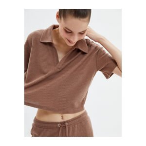 Koton Crop Pajama Top Polo Neck Textured Short Sleeve
