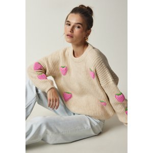 Happiness İstanbul Women's Beige Strawberry Textured Knitwear Sweater