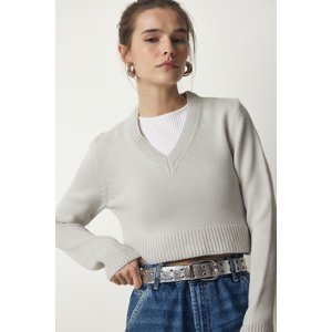 Happiness İstanbul Women's Stone V-Neck Crop Knitwear Sweater