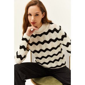 Olalook Women's White Wave Striped Half Fisherman Knitwear Sweater