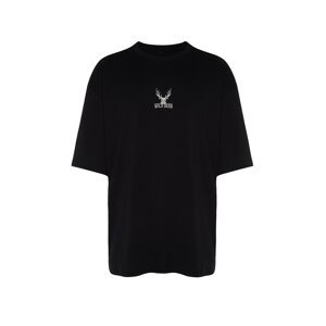 Trendyol Black Men's Oversize Deer Embroidered 100% Cotton T-Shirt