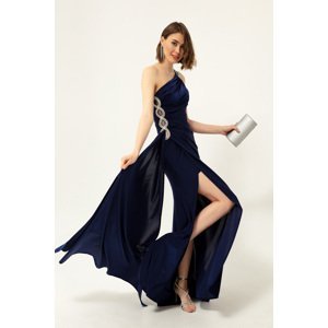 Lafaba Women's Navy Blue One-Shoulder Long Evening Dress with Stones.