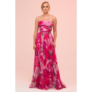 Carmen Fuchsia Strap Slit Printed Evening Dress