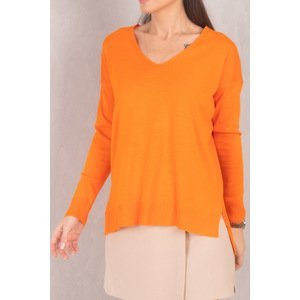 armonika Women's Orange V-Neck Front Short Back Long Knitwear Sweater