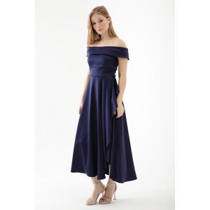 Lafaba Women's Navy Blue Boat Neck Midi Satin Evening Dress