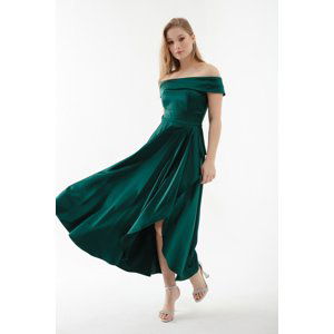 Lafaba Women's Emerald Green Boat Neck Midi Satin Evening Dress