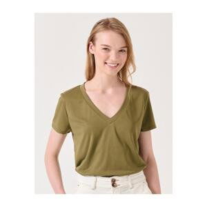 Jimmy Key Khaki Straight Cut V Neck Short Sleeve Knitted Basic T-Shirt