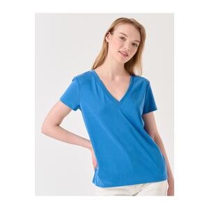 Jimmy Key Electric Blue Straight Cut V-Neck Short Sleeve Knitted Basic T-Shirt