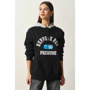 Happiness İstanbul Women's Black Hooded Rose Gold Printed Sweatshirt