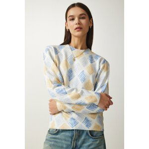 Happiness İstanbul Women's Yellow Blue Patterned Soft Textured Knitwear Sweater