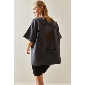 XHAN Anthracite Crew Neck Back Printed Oversize T-Shirt