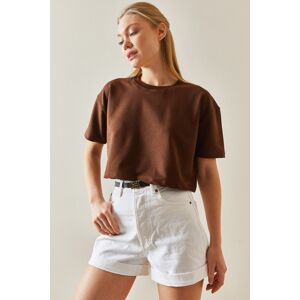 XHAN Brown Crew Neck Oversize Crop T-Shirt 4KXK1-47899-18