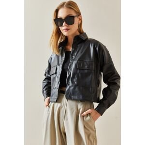 XHAN Black Snap Buttoned Leather Crop Shirt