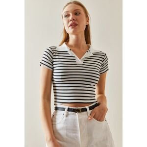 XHAN White Polo Neck Striped Camisole Crop T-Shirt