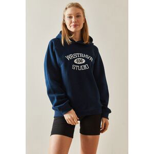 XHAN Navy Blue Text Detailed Raised Hooded Sweatshirt 4KXK8-47601-14