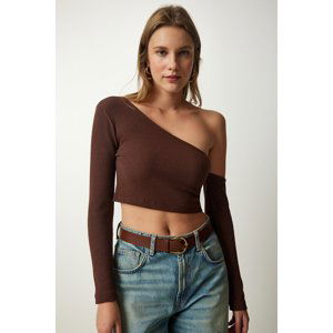 Happiness İstanbul Women's Brown Single Sleeve Ribbed Crop Knitted Blouse